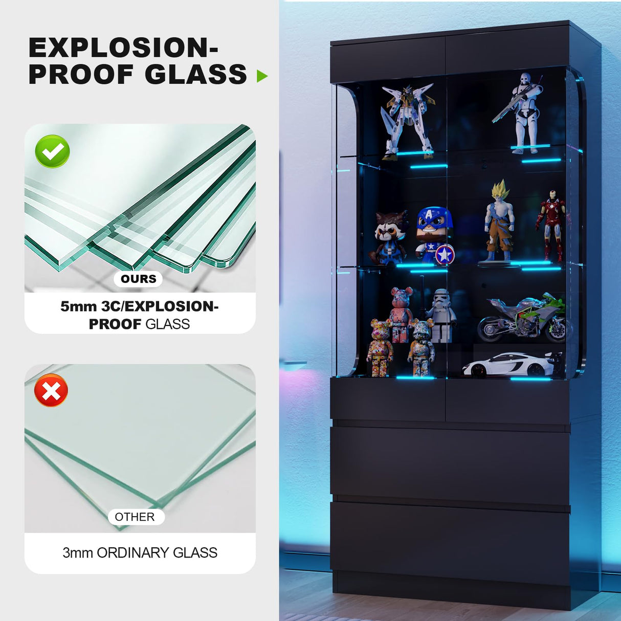 MEISSALIVVE Display Cabinet with Glass Doors, 3-Tier Display Case with 2 Drawers, 70.87''H Curio Cabinet with 7 Color Led Lights for Collectibles, High Gloss, Black MEISSALIVVE