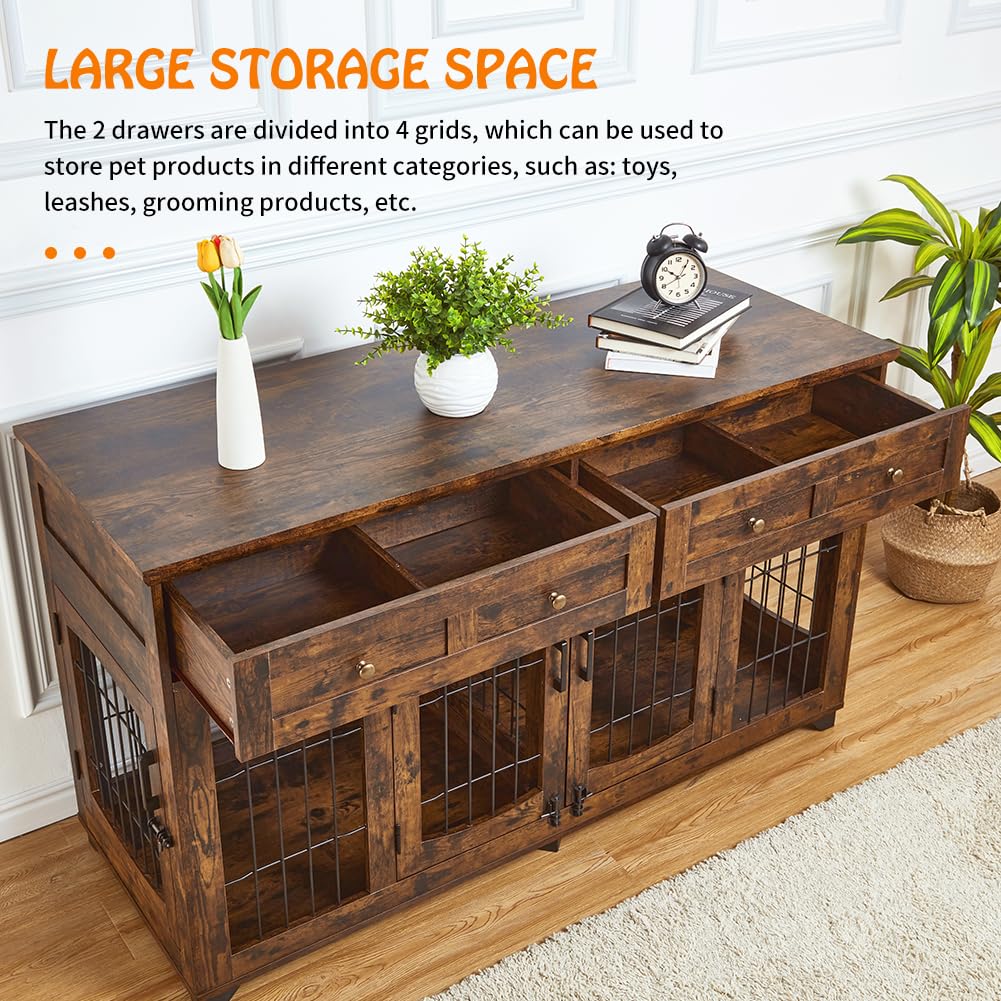 Dog Crate Furniture with 5 Doors, 58" Wooden Dog Kennel End Table with Large Capacity Drawers, Dog House with Openable Divider for Small/Medium/Large Dog,Dog Cage,Side End Table,Rustic Brown - WoodArtSupply