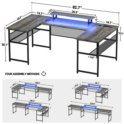 Unikito 130 Inch Versatile U Shaped Office Desk with Smart LED Lighting and Integrated Power Outlet, Stylish Black Oak - WoodArtSupply