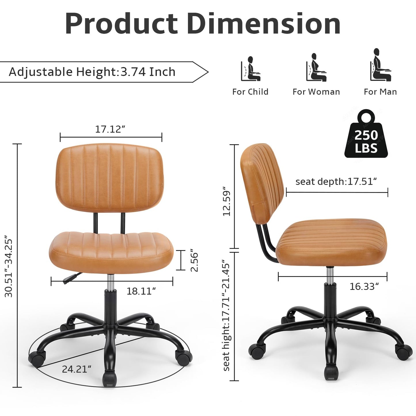 DUMOS Armless Home Office Chair Ergonomic Desk with Comfy Low Back Lumbar Support, Height Adjustable PU Leather Computer Task with 360° Swivel Wheels, for Small Space, Kids and Adults, Brown