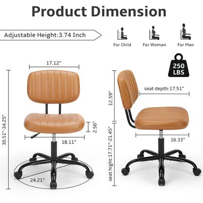 DUMOS Armless Home Office Chair Ergonomic Desk with Comfy Low Back Lumbar Support, Height Adjustable PU Leather Computer Task with 360° Swivel Wheels, for Small Space, Kids and Adults, Brown