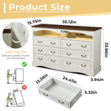 JanflyHome Vintage 6 Dresser for Bedroom, Farmhouse 6 Drawers Dresser with Open Shelves and LED Lights, 55" Wide Wood Rustic Chest of Drawers for Living Room, Hallway, Antique White JanflyHome