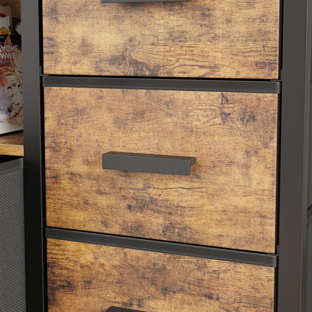 J-yaamiZz 7 Drawer Dresser TV Stand with Power Outlets and LED Lights, Entertainment Center with Open Shelf, Media Console for 50“ TV, Dresser for Bedroom (Brown) J-yaamiZz