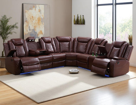 Anthato Power Recliner Sectional Sofa Set with LED, Luxury L-Shaped Reclining Sofa, Leather Reclining Corner Couch with Cup Holders/Storage/Charging Ports for Living Room/Home Theater, Burgundy Red Anthato