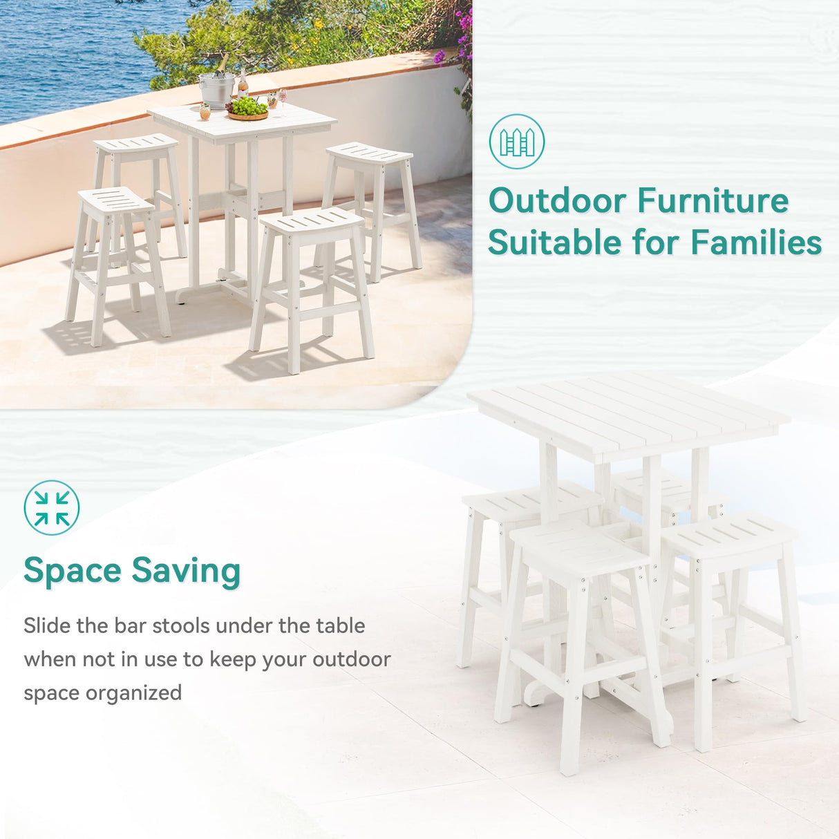 Homenjoy 37.5" H Outdoor Bar Table，HDPE Bar Height Table with Weather Resistant Top, Square Outdoor Patio Table, White Homenjoy