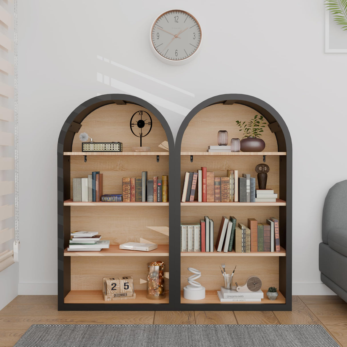 HIUU Black Arched Bookshelf,Modern Short Bookcase,Mid-Century Modern Curved Book Shelf,Arched Display Cabinet with Open Shelf for Bedroom, Living Room HIUU