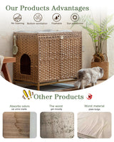 SETVSON Cat Litter Box Enclosure, Hidden Litter Box Furniture with Cat Litter Mat, Large Hidden Cat Litter Box Furniture, Handwoven Rattan Cat House with Metal Heightened Feet 30.3×18.3×28 Inches SETVSON