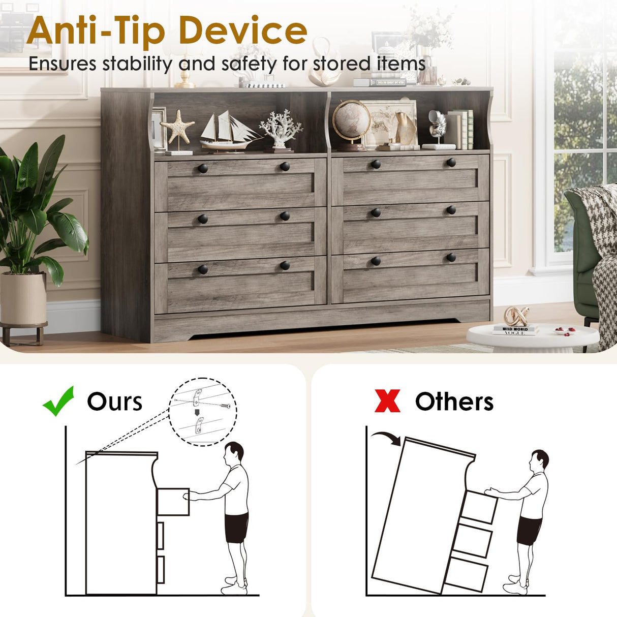 Grey Dresser for Bedroom with 6 Drawers, Large Wooden Bedroom Dressers with Power Outlet and Led Lights, 55 Inch Wide TV Dresser, Wood Modern 6 Drawers Dressers & Chests of Drawers for Room GarveeLife