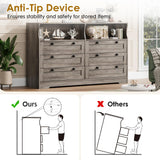 Grey Dresser for Bedroom with 6 Drawers, Large Wooden Bedroom Dressers with Power Outlet and Led Lights, 55 Inch Wide TV Dresser, Wood Modern 6 Drawers Dressers & Chests of Drawers for Room GarveeLife