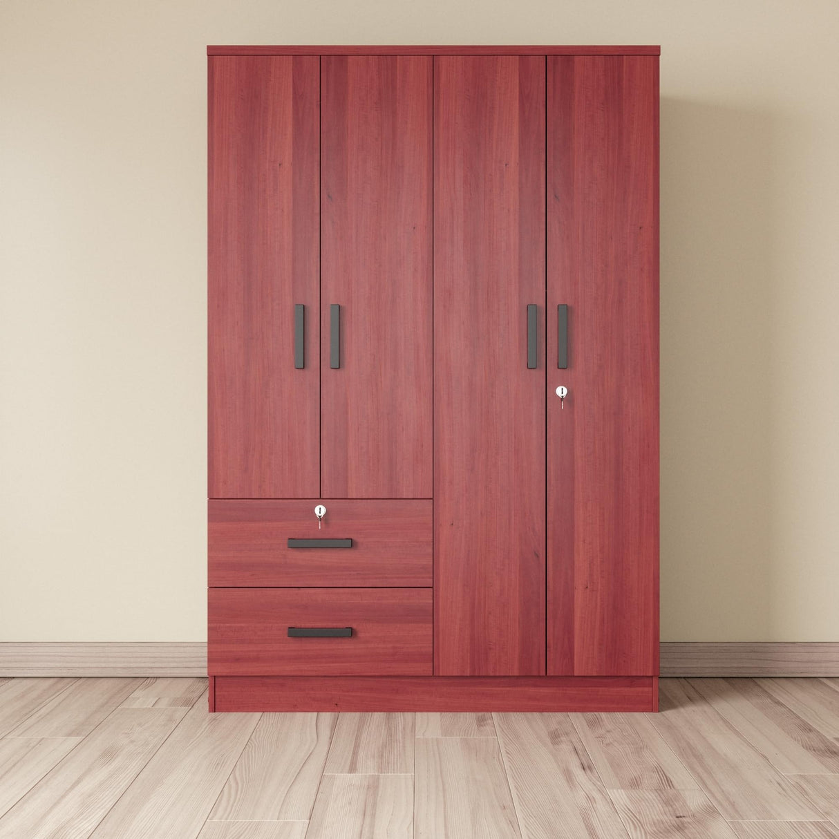 4 Doors Wardrobe 2 Drawers with Shelves 48 inch Wide and 72 high (Mahogany) Woodpeckers Furniture And Mattress