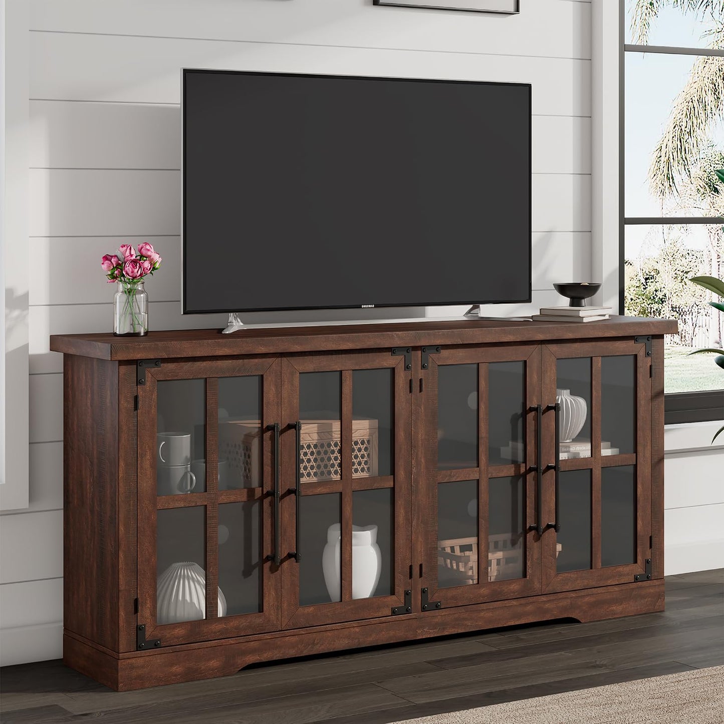 LUXOAK 63" Farmhouse TV Stand with 4 Glass Doors, Modern Buffet Sideboard Cabinet with Storage, Entertainment Center with Adjustable Shelf for TV's up to 75", Espresso - WoodArtSupply