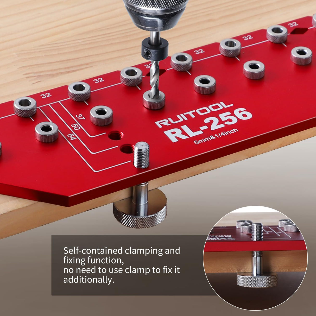 RUITOOL Shelf Pin Jig 11 Holes, Self-contained Clamping Function All Metal Shelf Pin Drilling Jig with 1/4" and 5mm Drill Bit, Shelf Hole Jig and Cabinet Hardware Jig Tool Drill Guide with Storage Bag RUITOOL