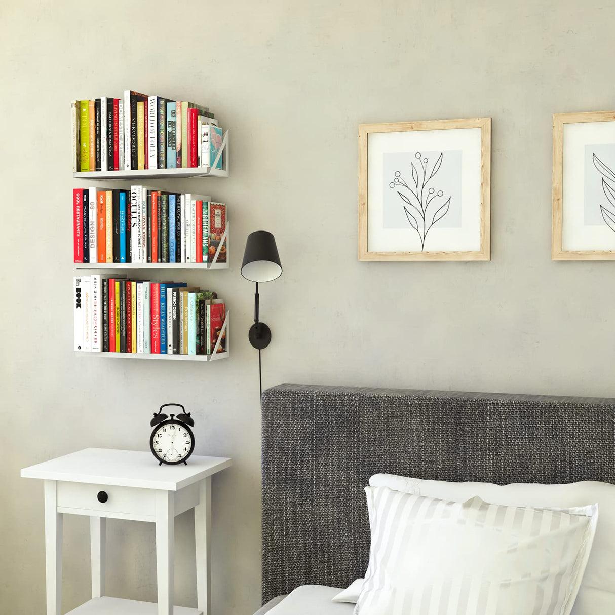 Wallniture Minori Washed White Floating Shelves for Wall Storage, Bathroom Shelves Over The Toilet Storage, Wood Wall Shelves Set of 3 with White Brackets Wallniture