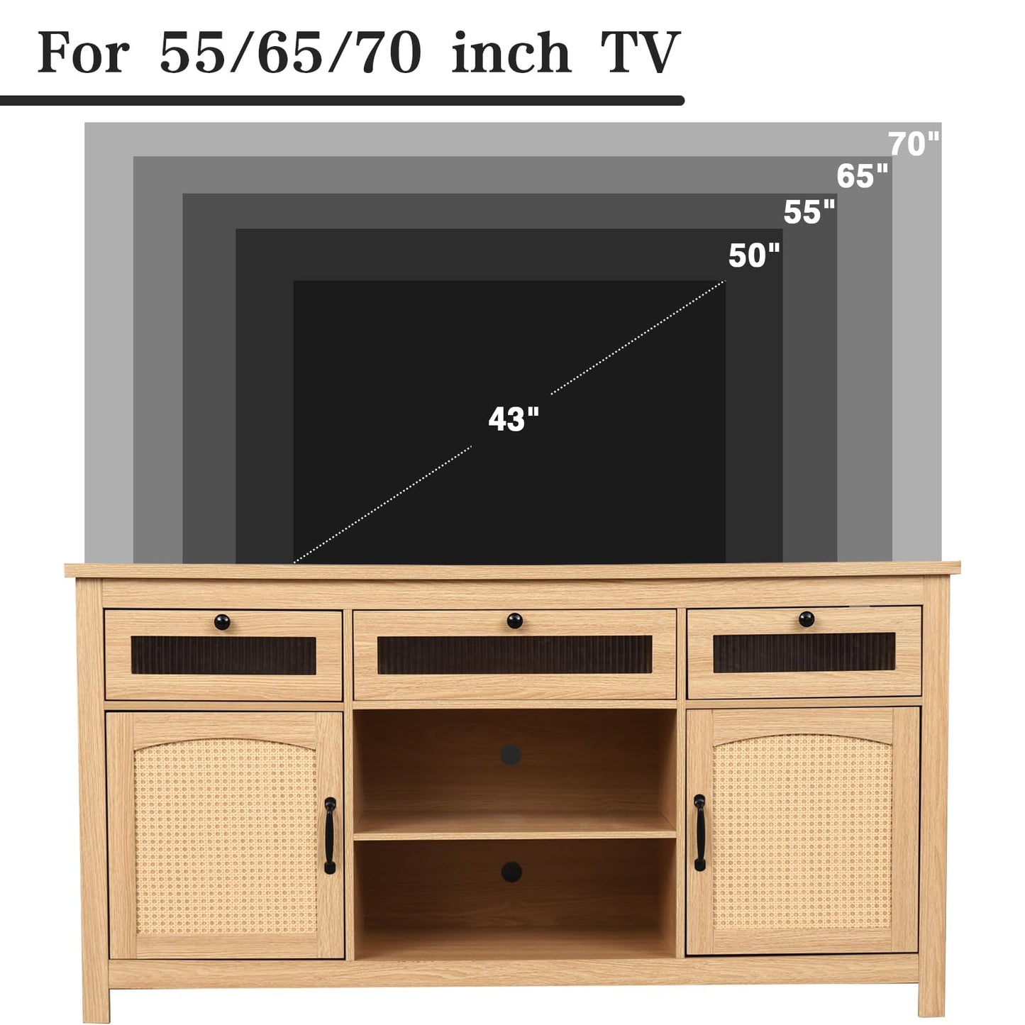 Yeyawomy Rattan Tall Entertainment Center for 65 inch TV, Modern TV Stands for Living Room,Tall TV Stand with LED lights, Storage Cabinet,Adjustable Shelf,Media Console,Wood TV Consoles - WoodArtSupply