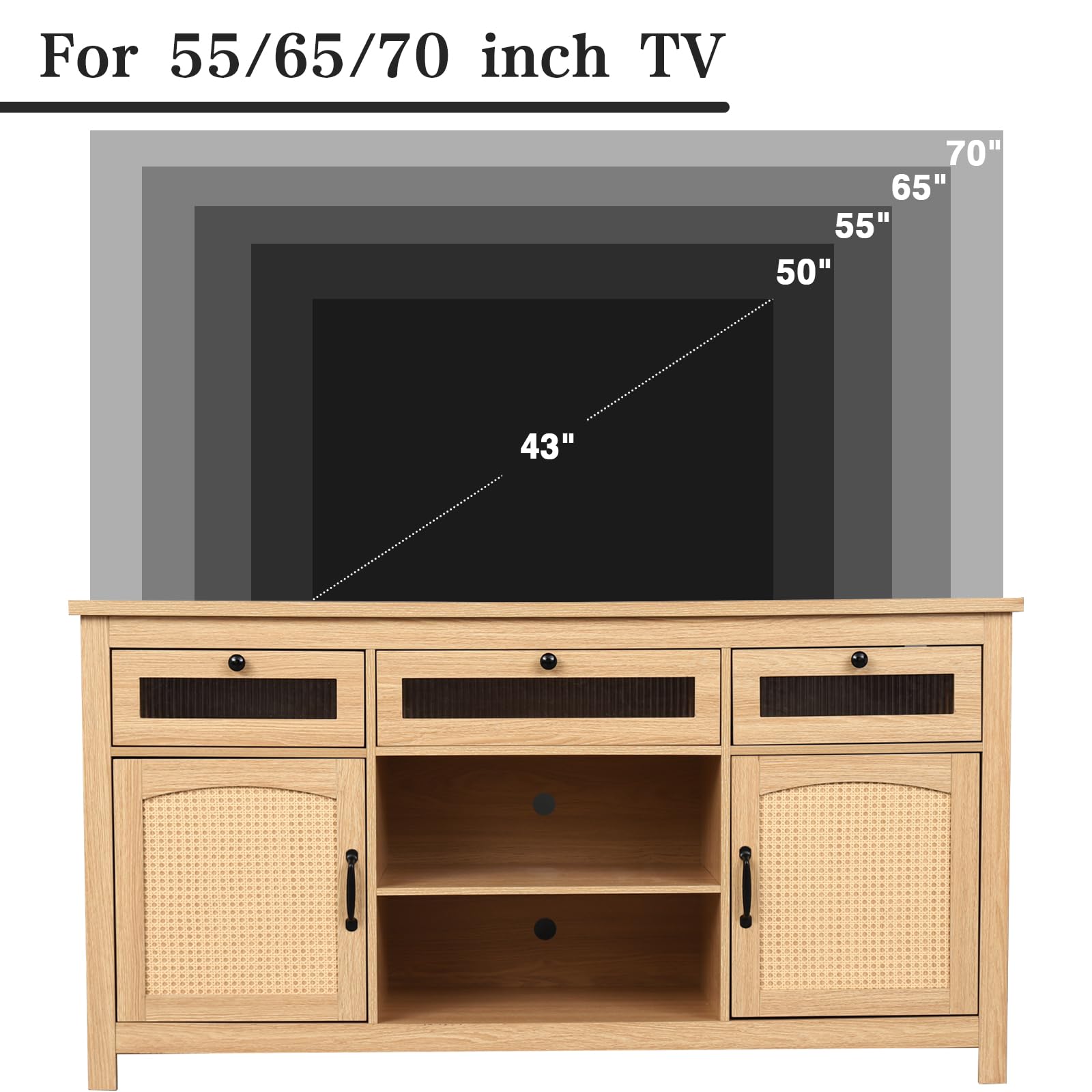 Yeyawomy Rattan Tall Entertainment Center for 65 inch TV, Modern TV Stands for Living Room,Tall TV Stand with LED lights, Storage Cabinet,Adjustable Shelf,Media Console,Wood TV Consoles - WoodArtSupply