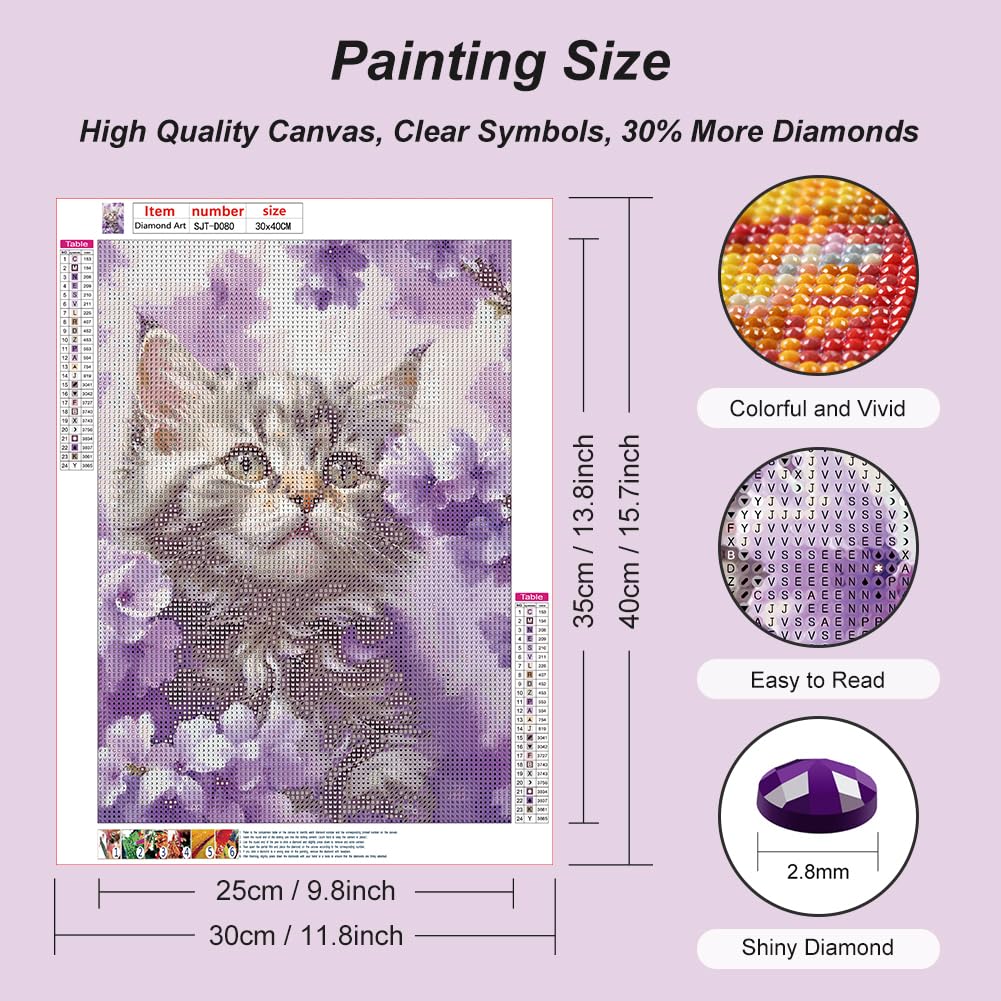 SJUTOUCI Diamond Painting Kits for Adults, Cat in Flower Diamond Art Kits for Beginners, 5D DIY Diamond Bead Dot Art, Full Drill Round Gem Craft Home Decor 12x16 inch SJUTOUCI