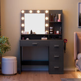 JUMMICO 39.3'' Vanity Desk with LED Lighted Mirror &Power Outlet, Makeup Vanity Table with 4 Large Drawers and 3 Storage Shelves, 3 Model Adjustable Lights for Bedroom & Dressing Room(Black) JUMMICO