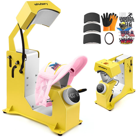 Auto Hat Heat Press Machine for Caps w/3pcs Curved Teflon-Coated Interchangeable Platens, Automatic Press & Release, One-Touch Heat Transfer Printing for Caps HTV Iron On and Sublimation Projects Whubefy