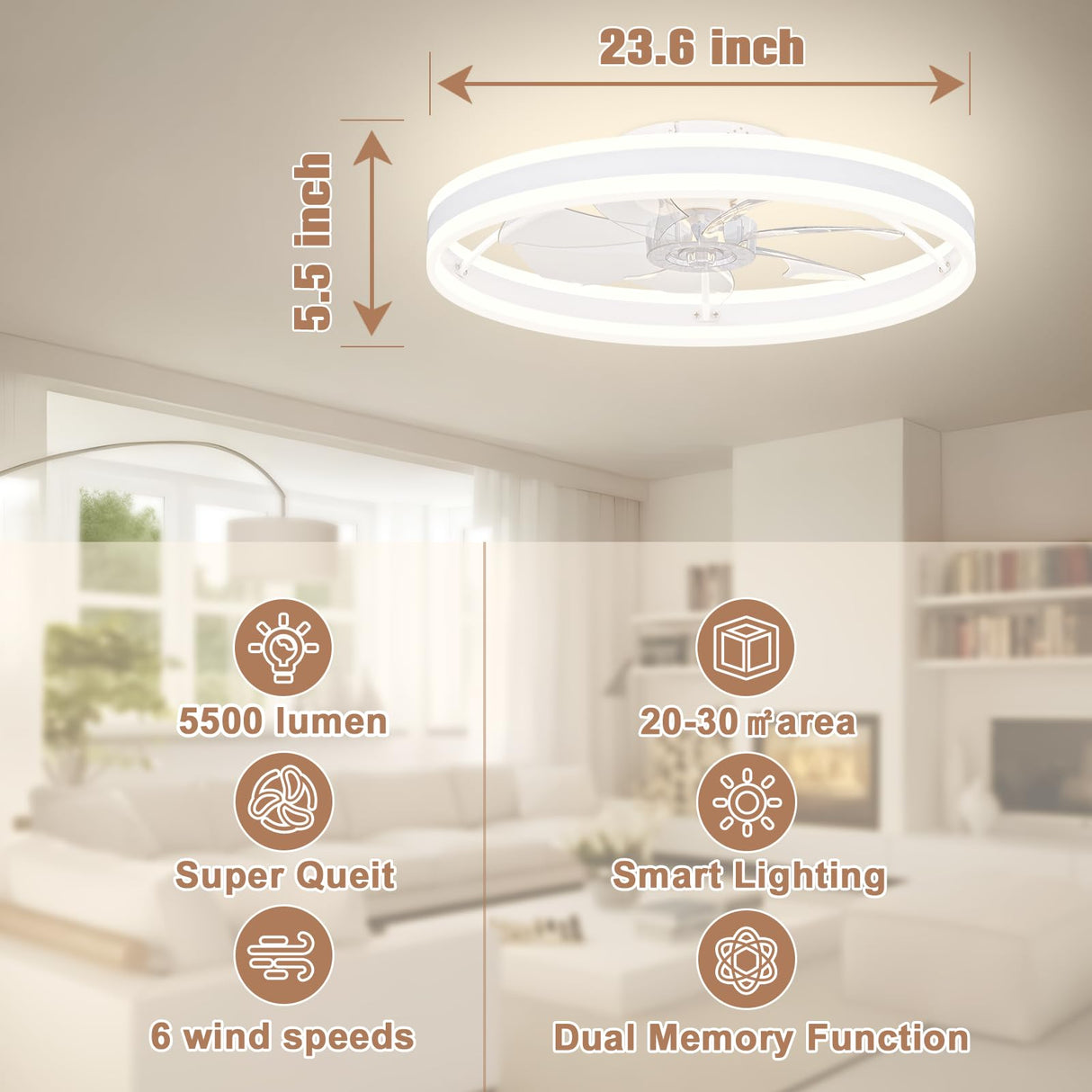 VOLISUN Low Profile Ceiling Fans with Lights and Remote, 23.6in Flush Mount Ceiling Fans with Light, 3000K-6500K Dimmable Fandelier LED Fan Light, White Bladeless Ceiling Fans with Lights for Bedroom VOLISUN