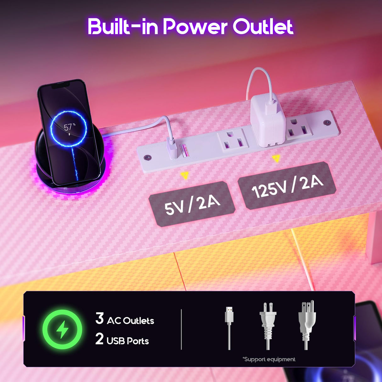 ODK 48 Inch Gaming Desk with LED Lights and Power Outlet, U-Shaped Computer Desk with Monitor Stand and Storage Shelves, PC Gamer Table for Home Office, Carbon Fiber Pink ODK