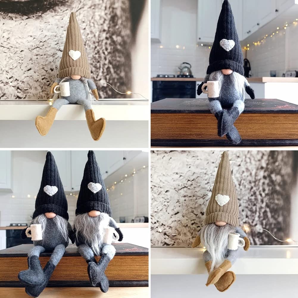 JstDoit 2 Pcs Gnomes Plush Bar Decor, Handmade Swedish Tomte Gifts Farmhouse Scandinavian Figurine Gnome for Home Kitchen Coffee Station Table Shelf (Brown) JstDoit
