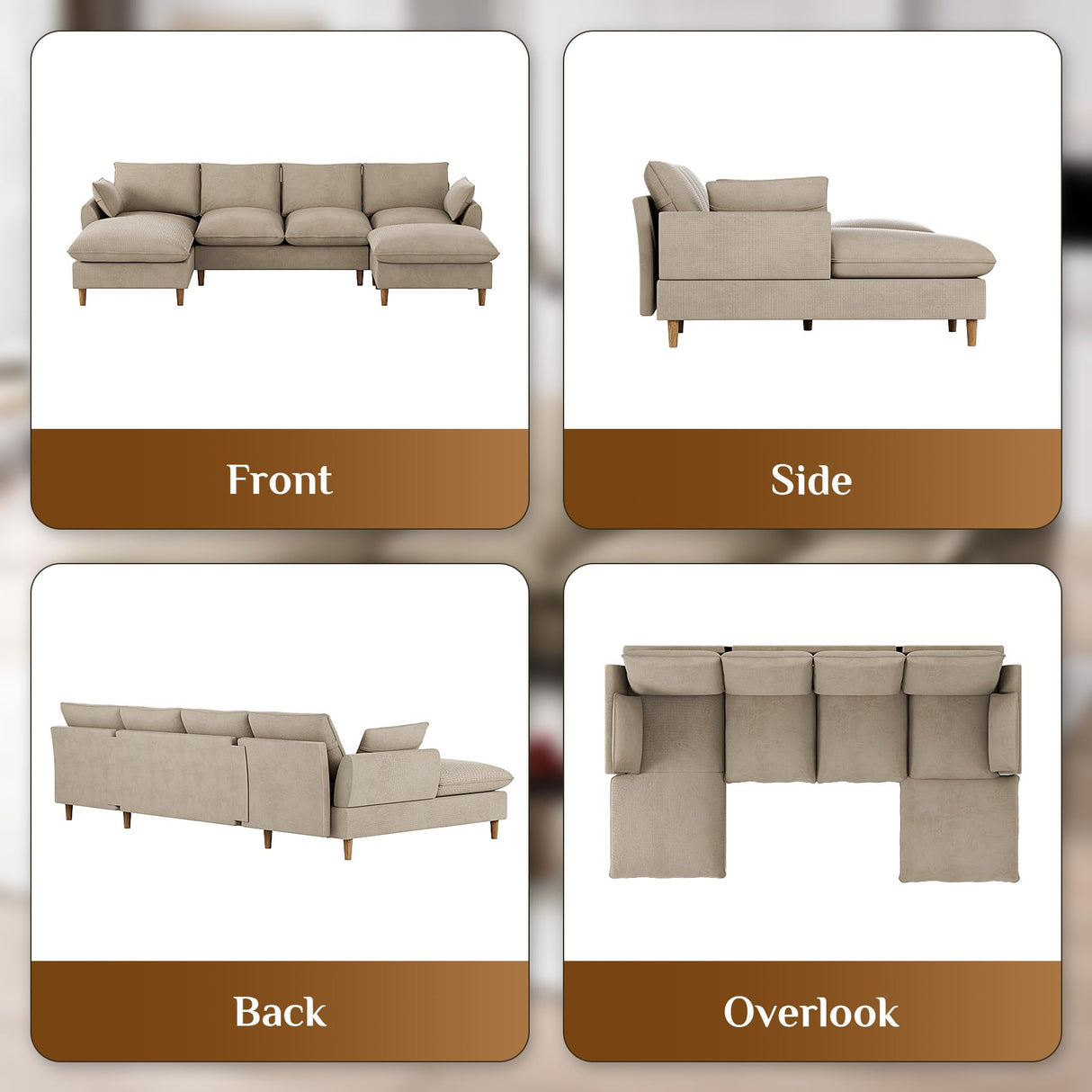 Nolohoo Cloud Couch Sectional Sofa, Modern Large Modular Sofas with Chaise, Convertible Ottoman, 112" Comfy Fluffy U Shape Sectional Couches for Living Room, Apartment, Light Brown Nolohoo