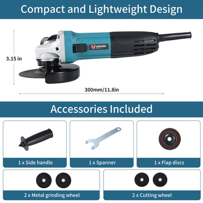 Angle Grinder Grinder Tool, Variable Speed Angle Grinder 4 1/2 Cut off Tool, Metal Cutter Grinder Tool with Grinding and Buffer Polishing Capabilities, 7.5Amp, Non-Slip Handle, and Auxiliary  - WoodArtSupply