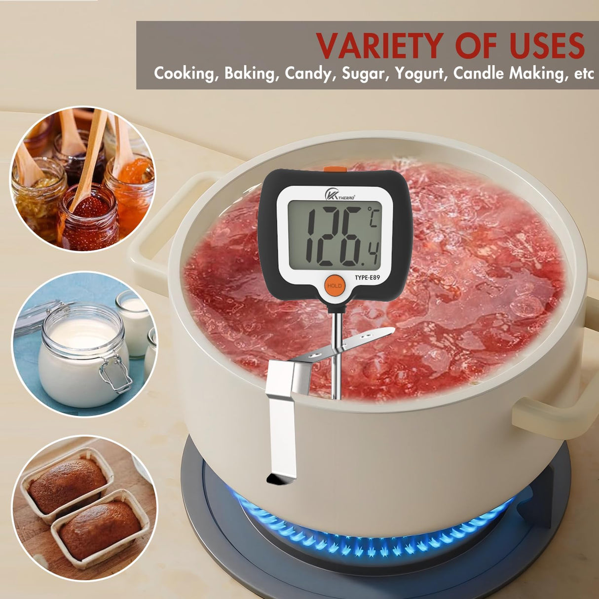 KT THERMO Digital Candy Thermometer, LCD Instant Read Food Thermometer with 10" Probe and Pot Clip for Candy Making, Kitchen Accessories, Baking Tools（Black） KT THERMO