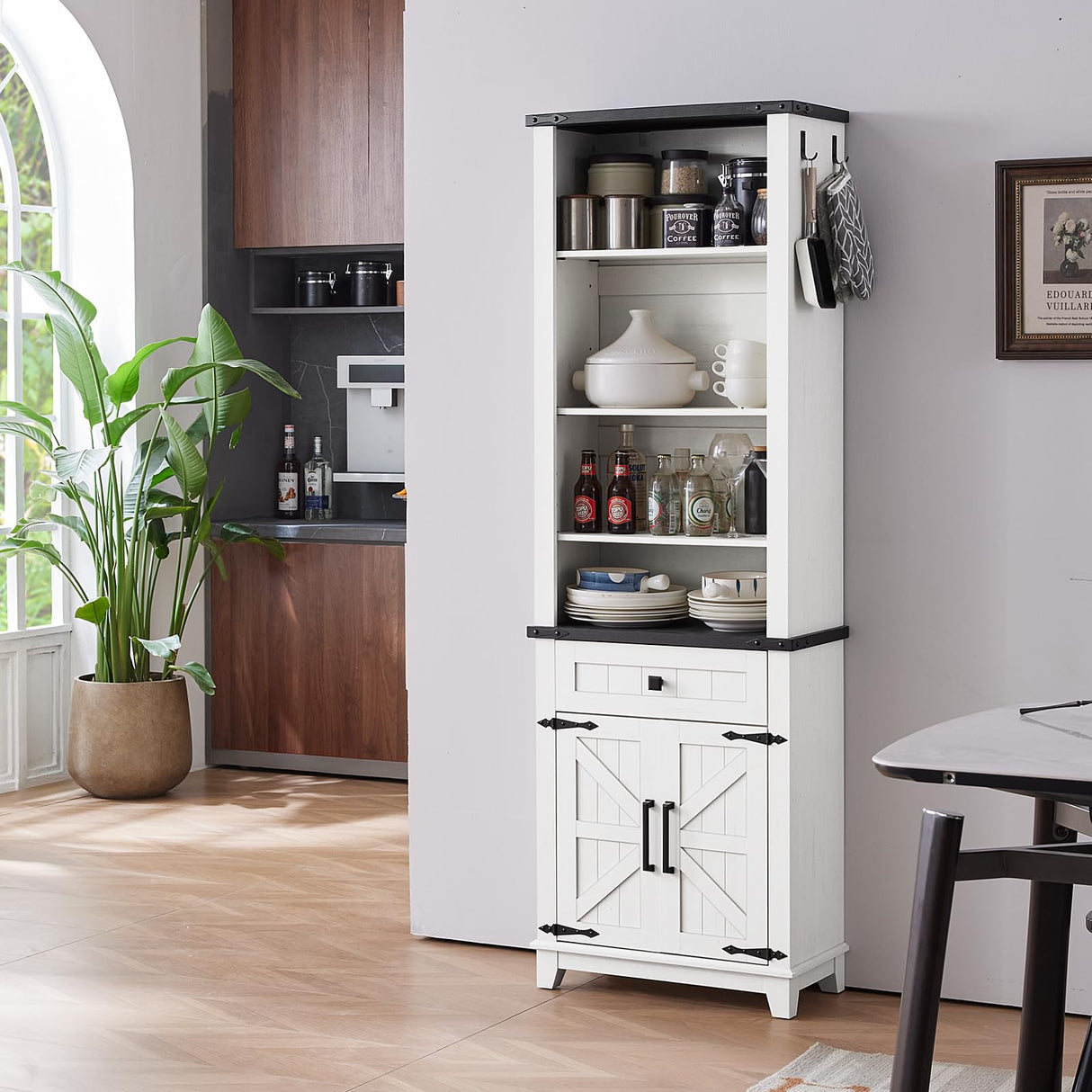 Joaxswe 72in Tall Bookshelf 7 Tier Bookcase with Drawer and Barn Doors and Adjustable Shelves, White Farmhouse Book Shelf with Storage Cabinet, Wood Freestanding Display Bookshelves for Living Room Joaxswe