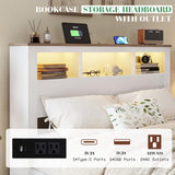 Albott King Size Farmhouse Bed Frame with Storage Bookcase Headboard and Footboard, Storage Wood Platform Bed Frame with Wood Slats Support, Noiseless LED Bed Frame, No Box Spring Needed, White Albott