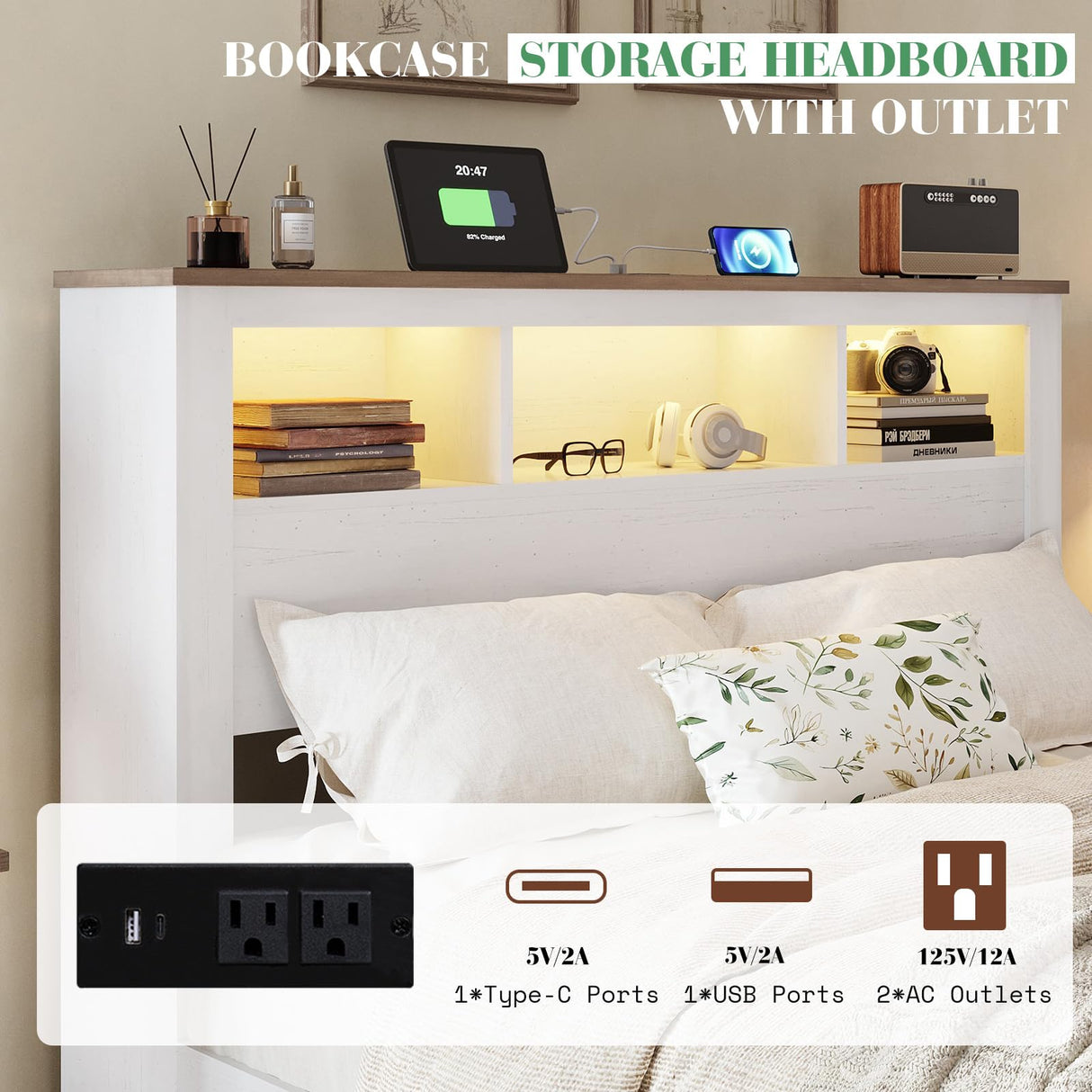 Albott Farmhouse King Size Bed Frame with Storage Bookcase Headboard and Footboard, Storage Wood Platform Bed Frame with Wood Slats Support, Noiseless LED Bed Frame, No Box Spring Needed, White Albott