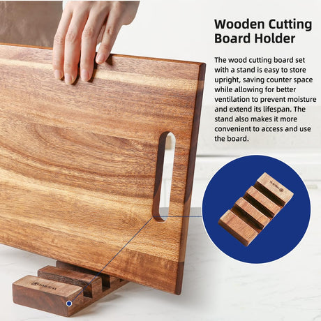 YUSOTAN 3-piece Acacia Wood Cutting Board Set for Kitchen, Large Wooden Cutting Board Set with Handle, Thick Chopping Board, Butcher Block Wooden Trays for Meat, Fruit Vegetable and Cheese YUSOTAN