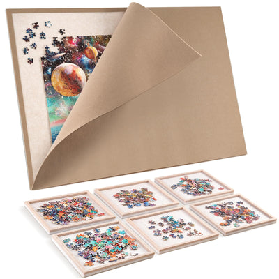 Jigsaw Puzzle Board with 6 Sorting Trays, 1500 Pieces Puzzle Playing Surface with Protective Cover, Lightomorrow 37" x 30" Felt Puzzle Display Board