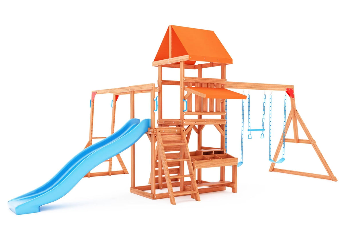 Dolphin Playground Swing Sets for Backyard with Monkey bar, Wooden Playground Sets for Backyards with 8FT Wave Slide, Multi-Functional Shelf, 2 Belt Swings, Outdoor Playset for Kids 3-10 DOLPHIN PLAYGROUND T