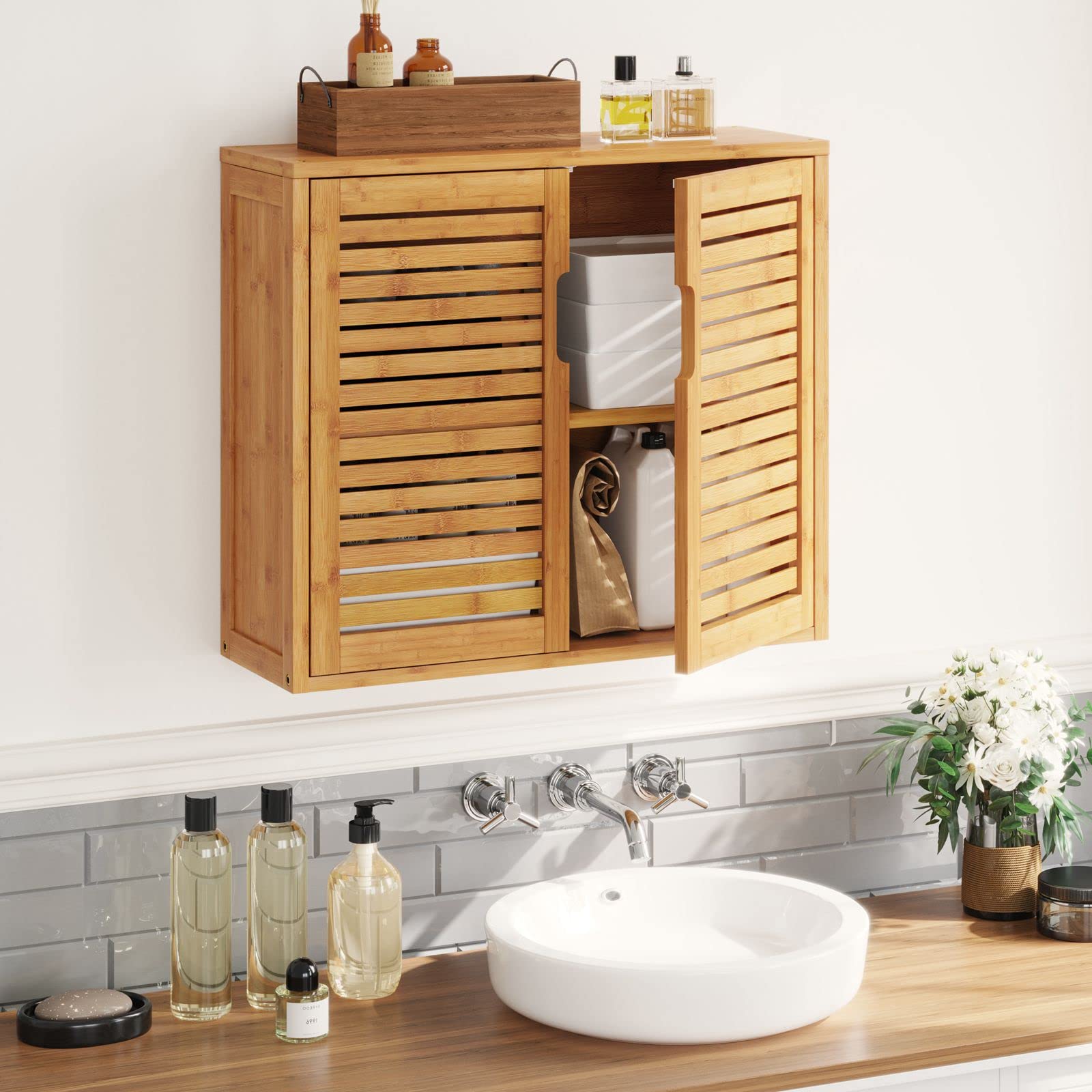 VIAGDO Wall Cabinet Bathroom Storage Cabinet Wall Mounted with Adjustable Shelves Inside, Double Door Medicine Cabinet, Utility Cabinet Organizer Over Toilet, Bamboo, 23.2''Lx8.3''Wx20.1''H - WoodArtSupply