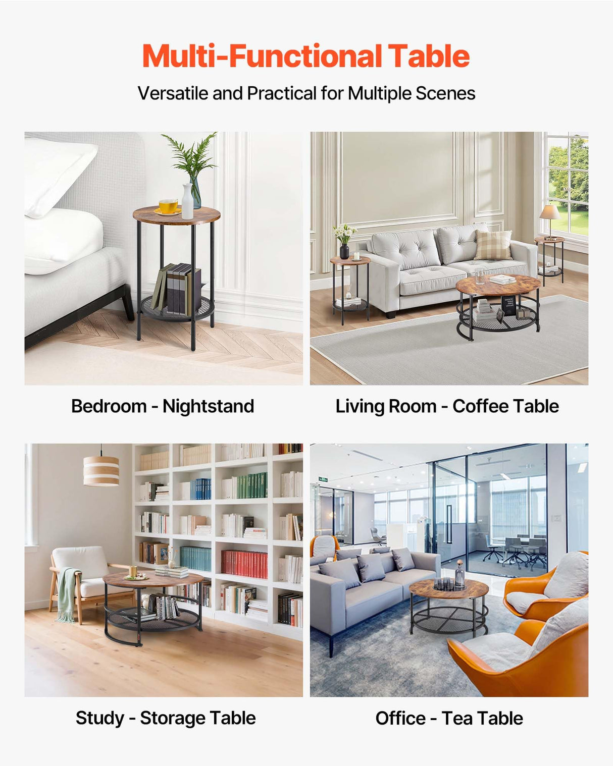 VEVOR 3 Pieces Round Coffee Table Sets, 31.5 in Industrial Living Room Table with 2 End Side Tables, Easy Assembly Coffee and End Tables Sets with Metal Legs, for Office, Living Room and Apartment VEVOR