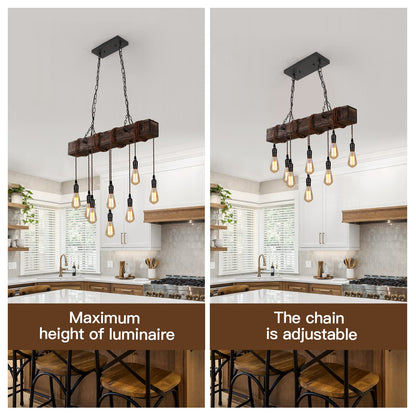 KEESFU 8-Lights Rustic Chandeliers for Dining Room, Farmhouse Wooden Ceiling Pendant Light, Height Adjustable, Rectangle Chandelier for Kitchen Island Dining Room Bar Pool Table Cabin.