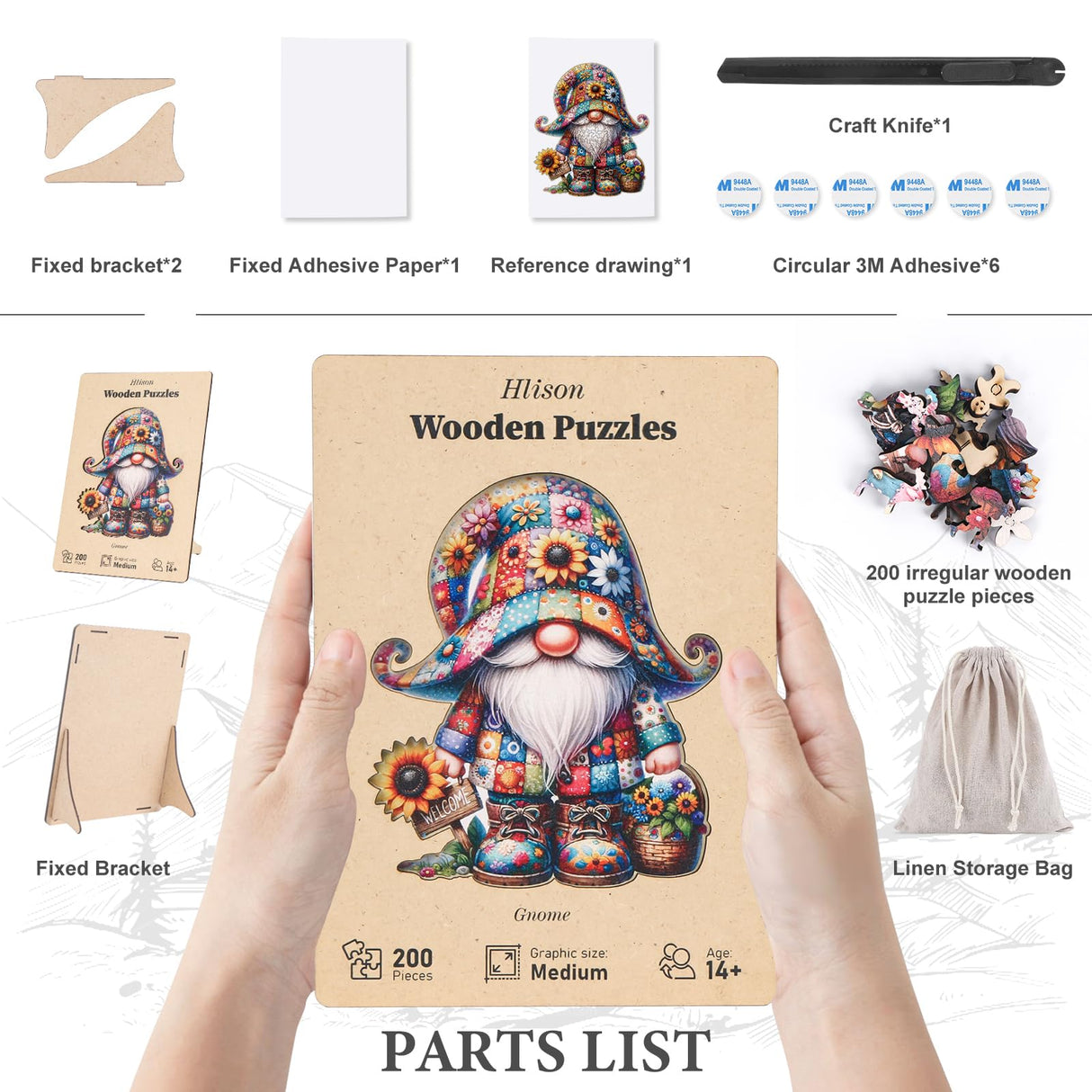 Hlison Wooden Jigsaw Puzzles, Gnome Wooden Puzzles for Adults with Unique Shape, Medium 10.3"x11.8" Wooden Puzzles with Exquisite Wooden Box Packaging Hlison