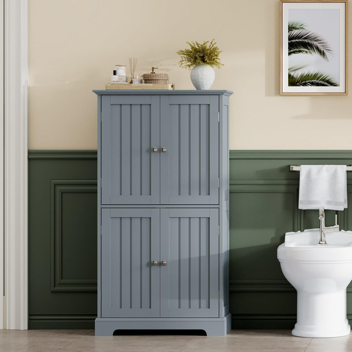 ChooChoo Bathroom Floor Cabinet, Modern Bathroom Storage Cabinet with 4 Doors and Adjustable Shelves, Freestanding Cupboard for Living Room, Grey ChooChoo