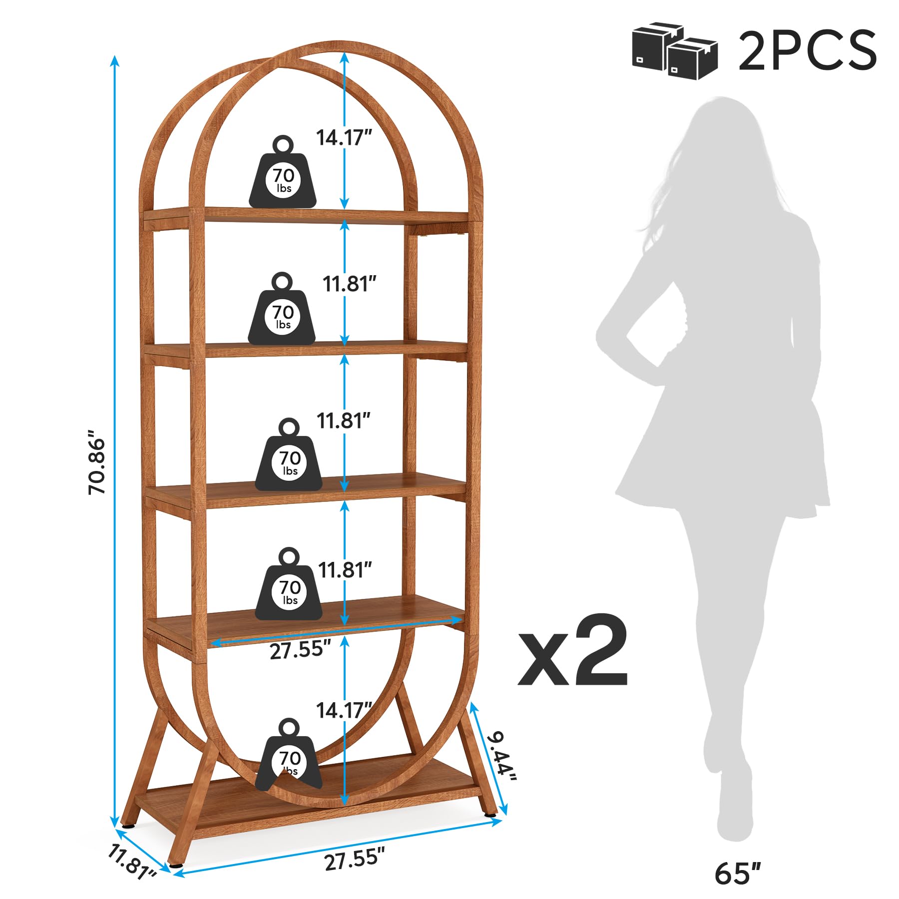 Tribesigns 5-Tier Arched Bookshelf - Modern Bright Brown Metal Frame Storage Unit - WoodArtSupply