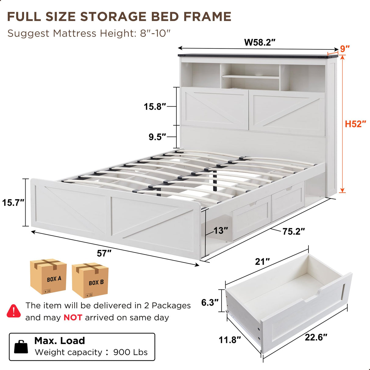 ACCOHOHO Farmhouse Full Size Wood Bed Frame with 52" Tall Storage Headboard and 4 Drawers,LED Light,Charging Station,Solid Wood Slats Support,Noiseless,No Box Spring Needed,Antique White ACCOHOHO