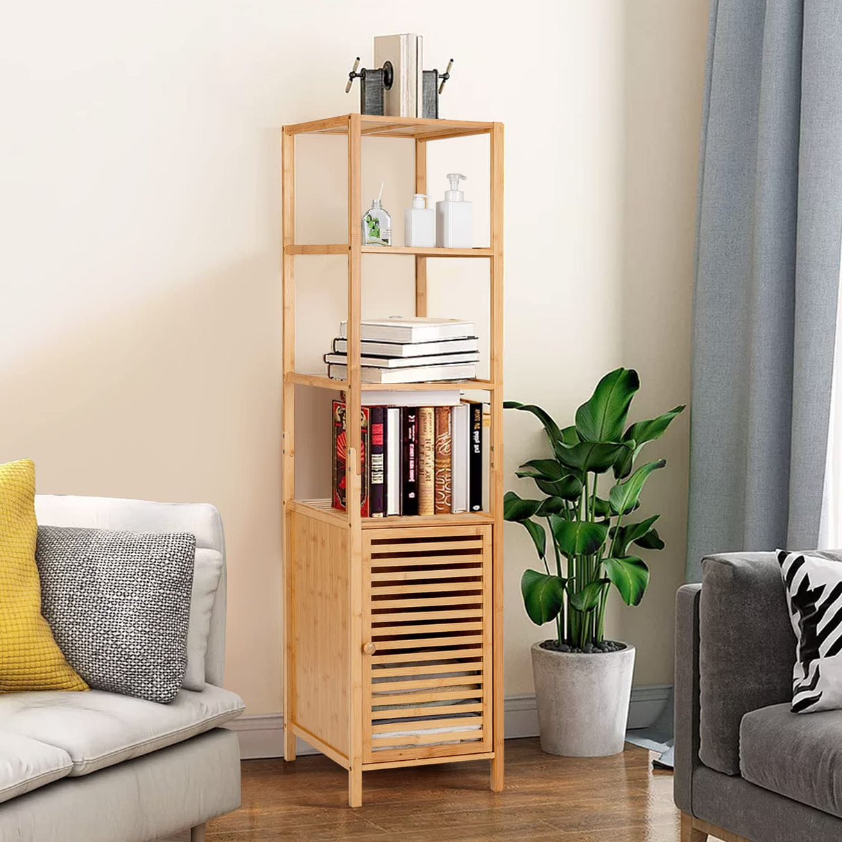 Tangkula Bathroom Cabinet, 65 Inch Tall Slim Bathroom Storage Cabinet with Shutter Door and 3 Open Shelves, Narrow Multifunctional Freestanding Linen Tower Cabinet, Natural Bamboo, 15.5x14.5x65 Inch Tangkula