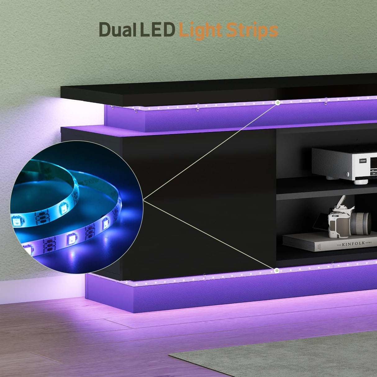 Lamtor 70 Inch TV-Stand - Television Stands for 75 80 85 Inch TV - 2 Tier Entertainment Center with 4 AC Outlets & 2 Smart RGB LED Light Strips - Media Console Table for Living Room, Pure Black Lamtor