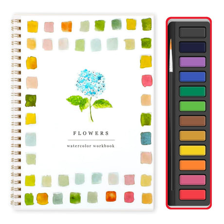 Watercolor Workbook, Water Coloring Book,Watercolor Paint Set, Beginner-Friendly Watercolor Workbooks, with 12 Colors Watercolor Paint Set with Paint Brush(Flower A) ANRUI