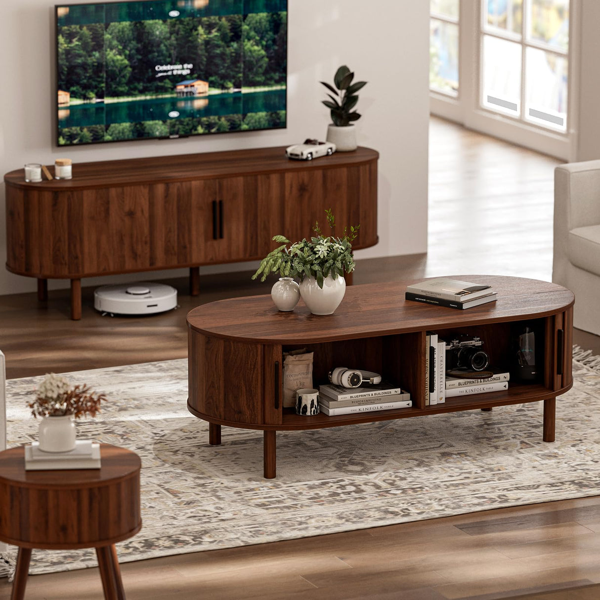 ZttRiee Coffee Table for Living Room, Modern Oval Coffee Table with Cabinets & Sliding Doors, Home Small Space, 47.2" Fluted Center Table, Walnut ZttRiee