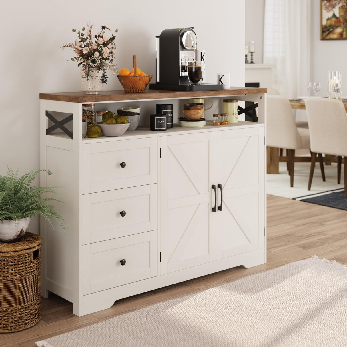 Befrases Farmhouse Buffet Cabinet with Drawers & Open Shelf, Sideboard with Storage, Kitchen Pantry Cabinet Hutch, Coffee Bar Station for Kitchen, Dining Room, Living Room, 47" L White Befrases