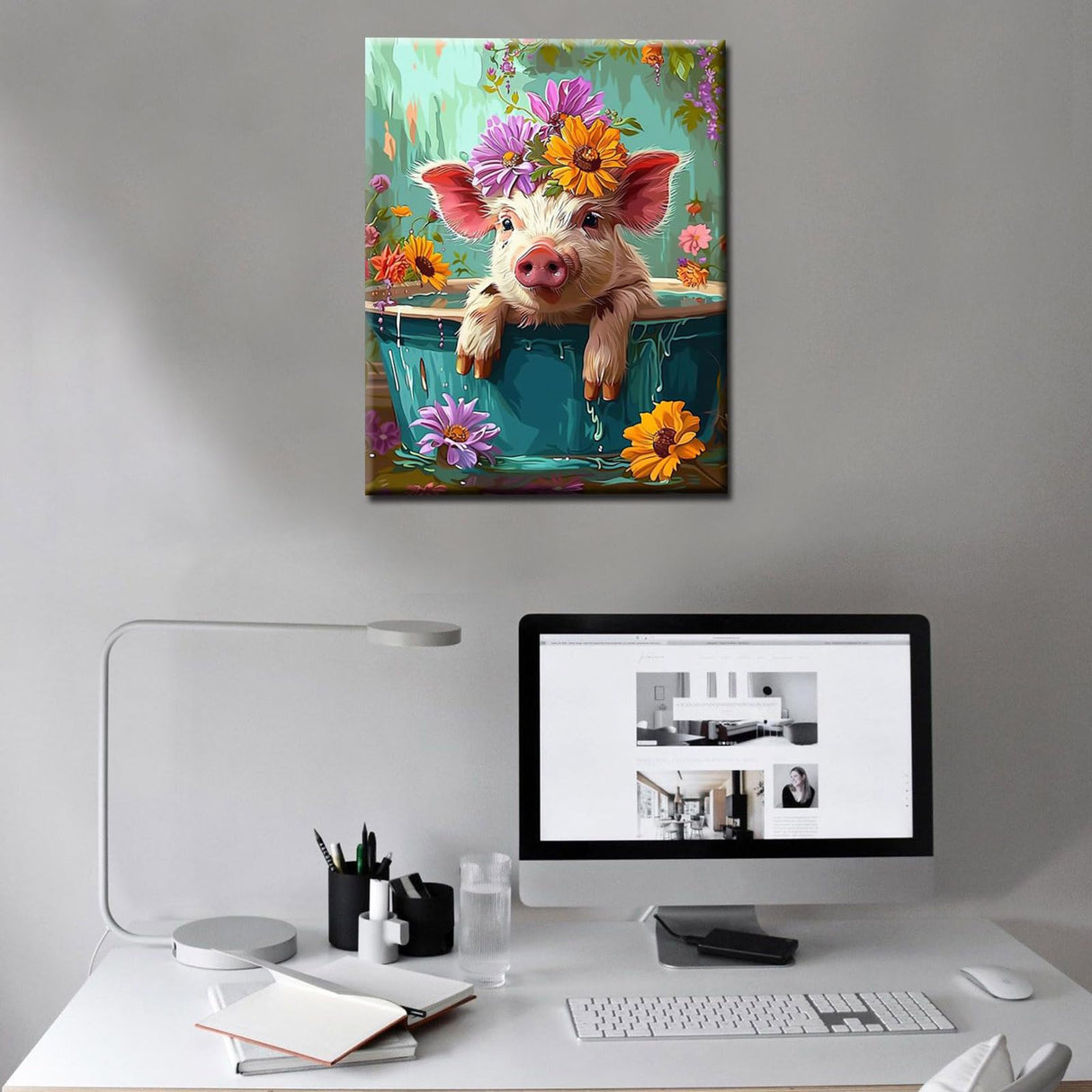 Cute Pig with Flower in a Bathtub Paint by Numbers Kits 16x20 inch Canvas Cute Farmhouse Animal Flowers DIY Oil Painting for Adults Beginner with Brushes Acrylic Pigment Drawings Gift(without Frame) Tucocoo