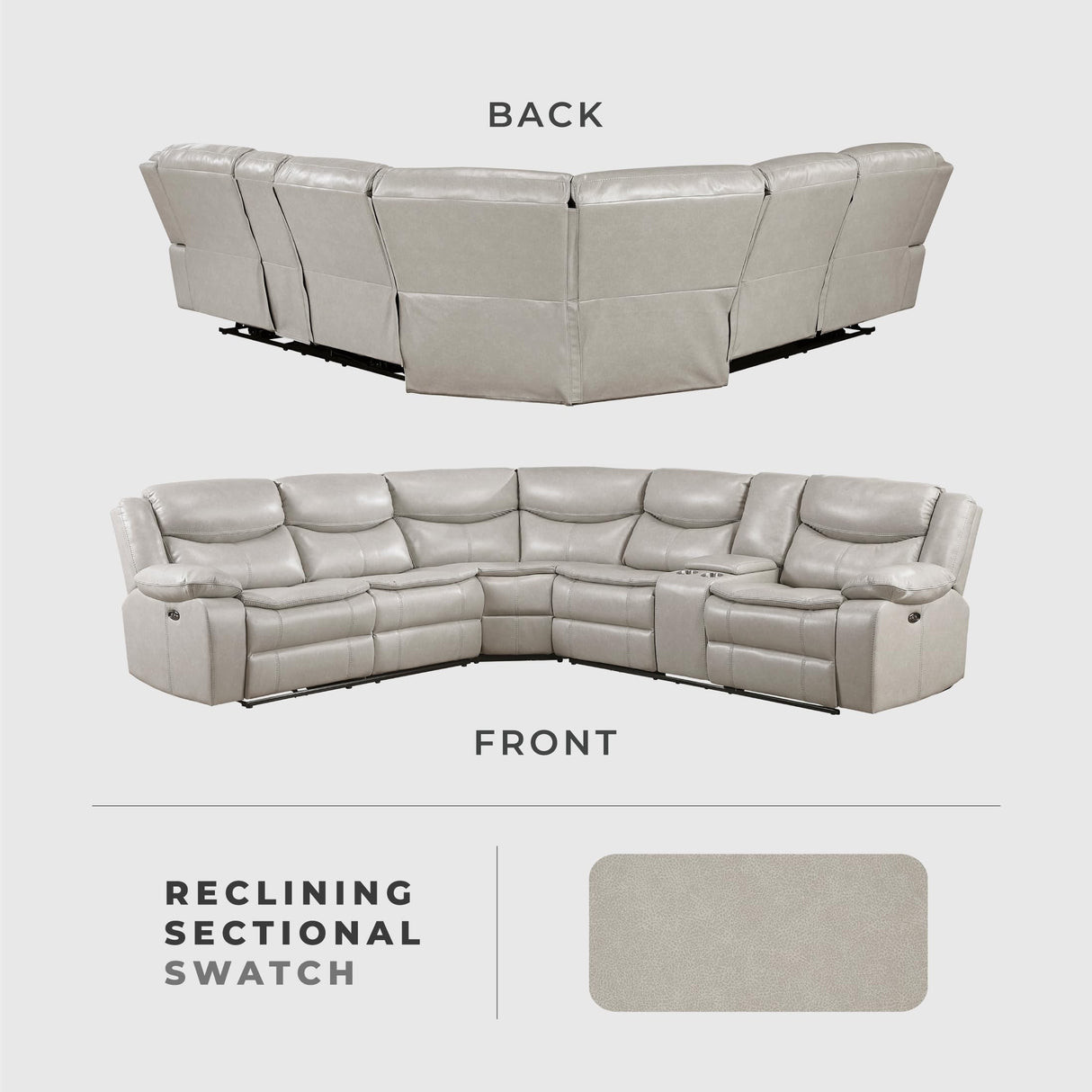 Lexicon L-Shaped Power Reclining Sectional Couch, Faux Leather Reclining Sectional Sofa, 3 Recliners, Wall Hugger, Right Storage Console, Cup Holders, Receptacles, Charging Ports, Silver Gray Lexicon