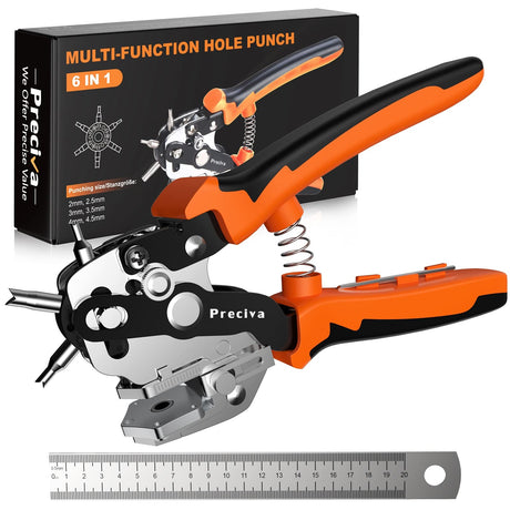 Hole Punch Plier, Preciva Revolving Punch Hole Tool with V-shaped Cutting Edge Design, 6 Hole Sizes & 20cm Stainless Steel Ruler Used for Leatherr, Belts, Thin Iron Sheets, Paper Cards, Plastics, & Fabrics Preciva