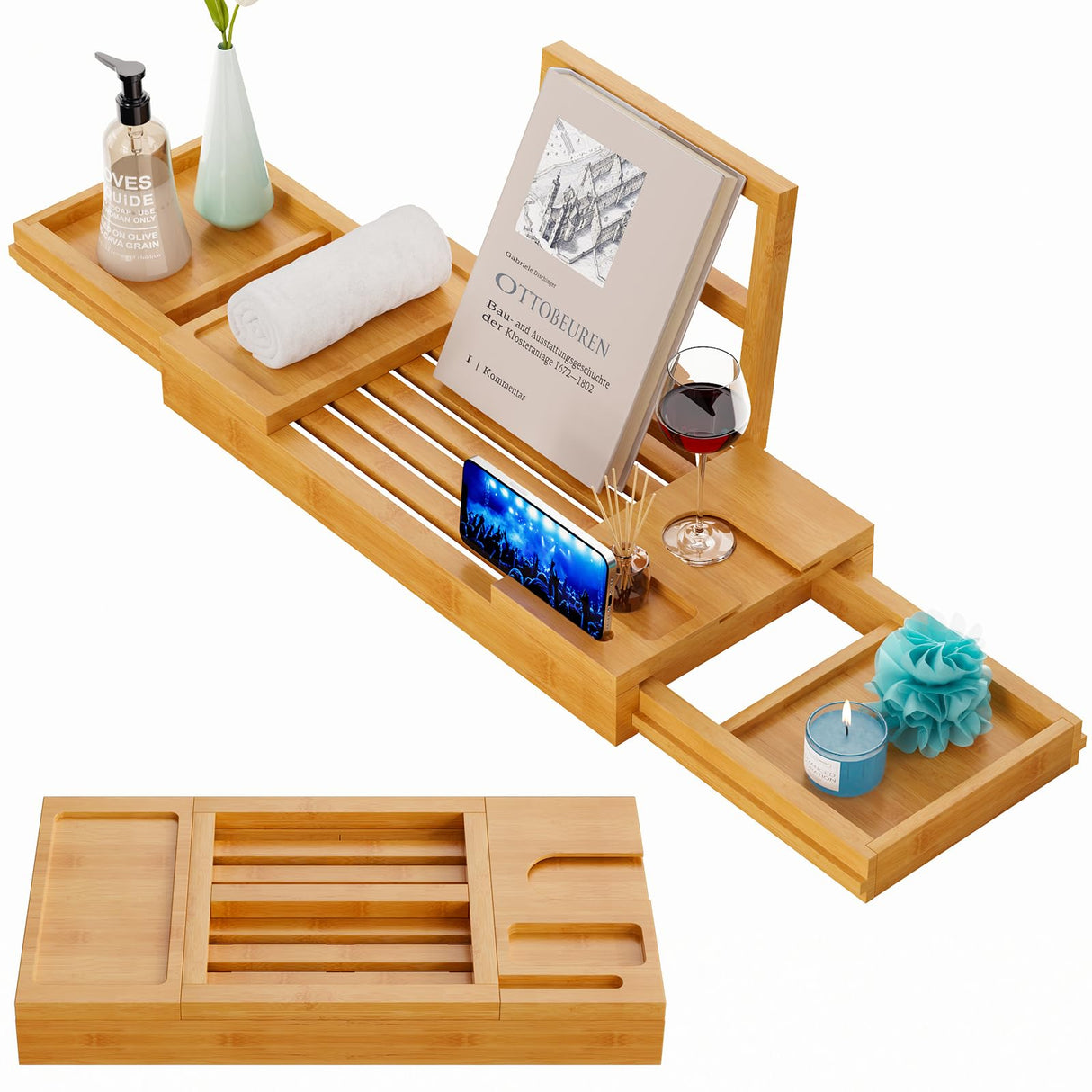 Yirilan Bamboo Bathtub Tray, Expandable Bathroom Tray, Waterproof Tray Caddy, Perfect Bath Caddy for Home Spa, Gift for Loved Ones, Bamboo Yirilan